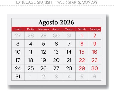 Ağustos 2026 İspanyol takvimi (Agosto). Spai için aylık kağıt sayfası vektör çizimi