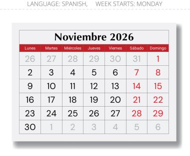 Kasım 2026 İspanyol takvimi (Noviembre). Spai için aylık kağıt sayfası vektör çizimi