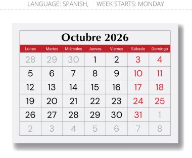 Ekim 2026 İspanyol takvimi (Ekim). Spai için aylık kağıt sayfası vektör çizimi