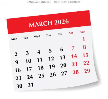 2026 Mart takvimi. Aylık İngilizce vektör illüstrasyonu. Pazartesi yıldızıyla tasarım