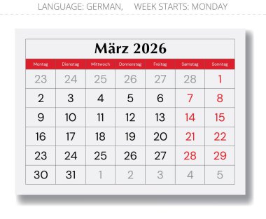 2026 Alman Mart takvim planı. Almanca için aylık vektör kağıdı sayfası