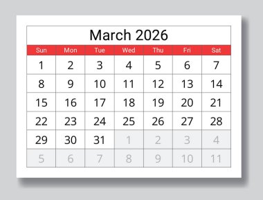 2026 Mart takvimi. Pazar günü başlayan İngilizce aylık planlama düzenleme vektörü