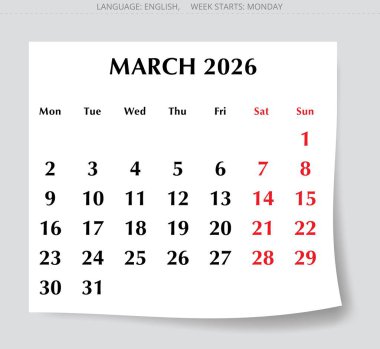 Mart 2026 takvim sayfası. Pazartesi yıldızlı İngilizce vektör tasarımı