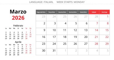 2026 İspanya Mart takvim planlayıcısı Marzo. Spai için Vektör illüstrasyonu