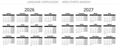 Portekiz takvim şablonu 2026 ve 2027 için ayarlandı, Portekiz vektör yıllık planlayıcı koleksiyonu