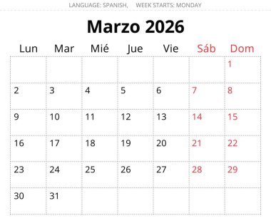2026 İspanya Mart takvim planlayıcısı Marzo. Spai için Vektör illüstrasyonu