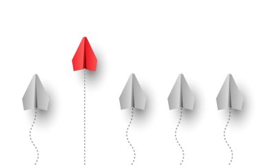 Gruptan önce kırmızı kağıt uçağın hareket ettiğini gösteren iş konsepti