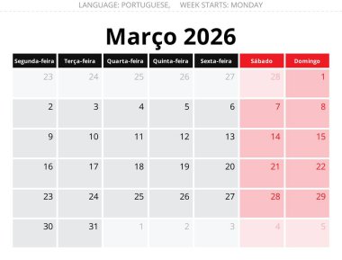 İspanya Mart 2026 Marzo takvimi. Spai için aylık vektör illüstrasyonu