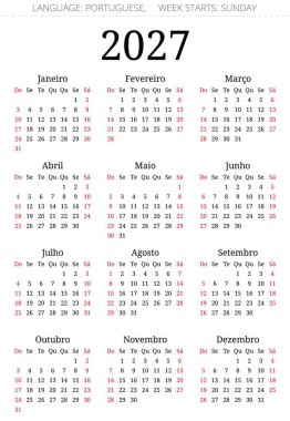 Portekiz için temiz 2027 takvimi. Yıllık basılabilir planlayıcı olarak tasarlandı. Pazar günü başlayacak.;