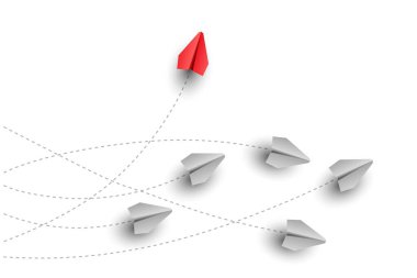 Ekibi ileriye götüren kırmızı kağıt uçakla iş liderliği kavramı