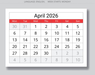 2026 Nisan takvimi. Gri arka planda gölgesi olan aylık İngilizce kağıt sayfası. Pazartesi başlangıcıyla vektör düzeni