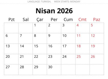 2026 Türk Nisan takvim planı. Türk için aylık vektör planlama sayfası