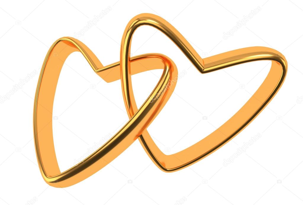 Two gold hearts rings isolated on white