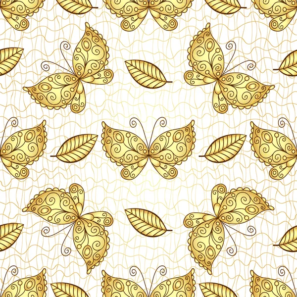 Modello bianco senza cuciture con farfalle d'oro — Vettoriale Stock