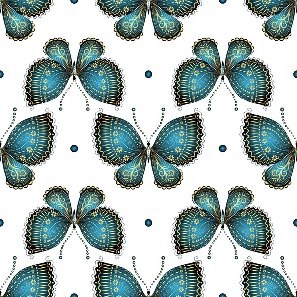 无缝的白色花纹，与老式的蝴蝶 — 图库矢量图片
