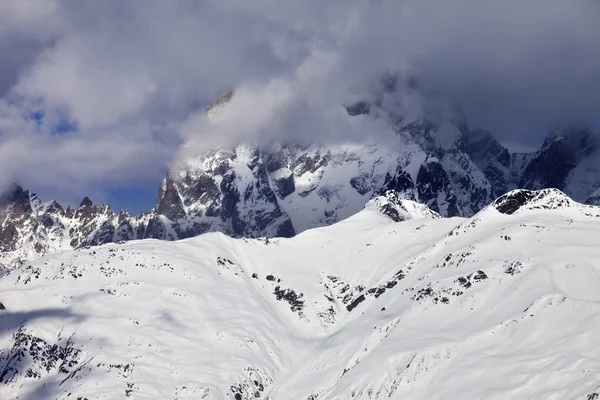 Mount Ushba in haze at sunny day — Stok fotoğraf