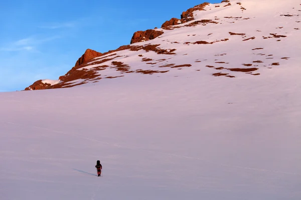 Viandante in montagne di alba dello snowy — Foto Stock