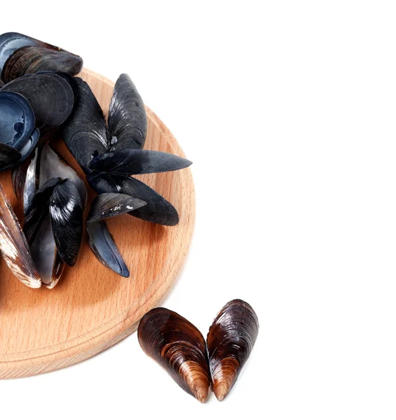 Shells of mussels on cutting board — Stock Photo, Image