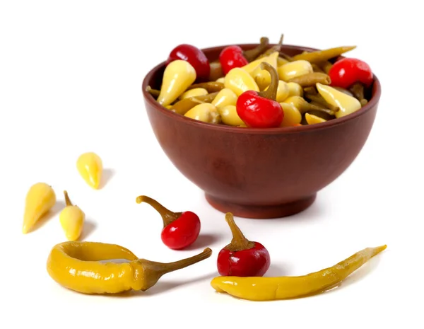 Mix of hot turkish pickled peppers in ceramic bowl — Stock Photo, Image