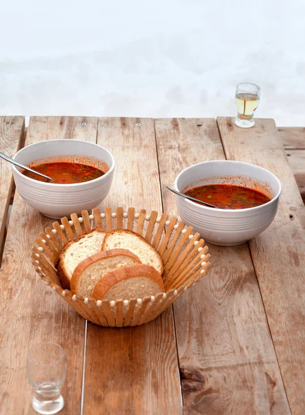 Lunch at ski resort in Georgia, kharcho and chacha — Stock Photo, Image