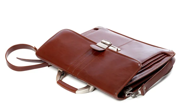 Leather brown briefcase on white — Stock Photo, Image