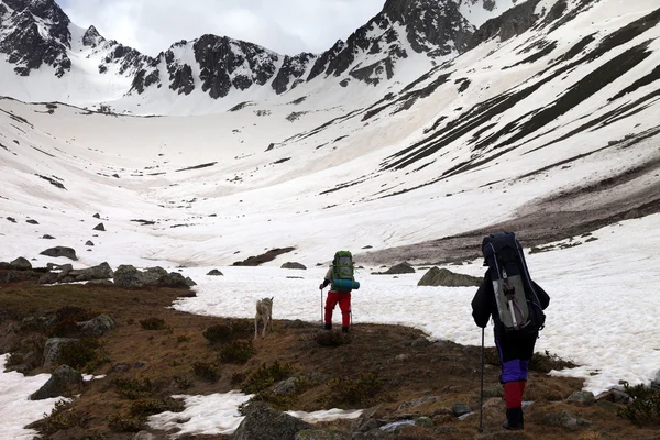 Dos excursionistas con perro en la montaña de la nieve de primavera en la mañana — Foto de Stock