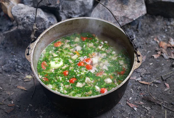 キャンプ場では 新鮮な釜で熱々のスープを調理 屋外料理 — ストック写真