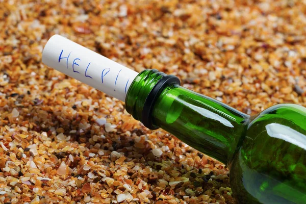 Bottle Wine Help Message Sand Beach Sun Summer Day Close — Stock Photo, Image