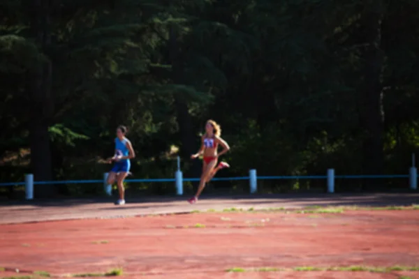 Visión Borrosa Competencia Atletismo Femenino Estadio Sin Foco Utilizar Como — Foto de Stock