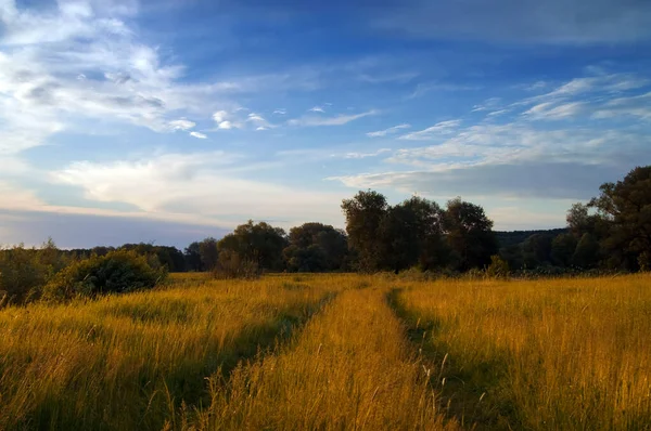 Droga Przez Łąkę Słońce Niebo Chmurami Jesienią Wieczorem — Zdjęcie stockowe