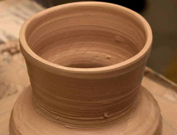 Process Making Clay Vase Pottery Wheel Close View — Stock Photo, Image