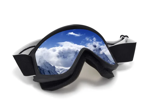 Ski goggles with reflection of snowy mountains — Stock Photo, Image