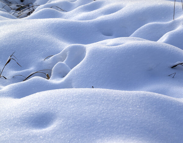 Snow drifts in snowbound winter meadow 