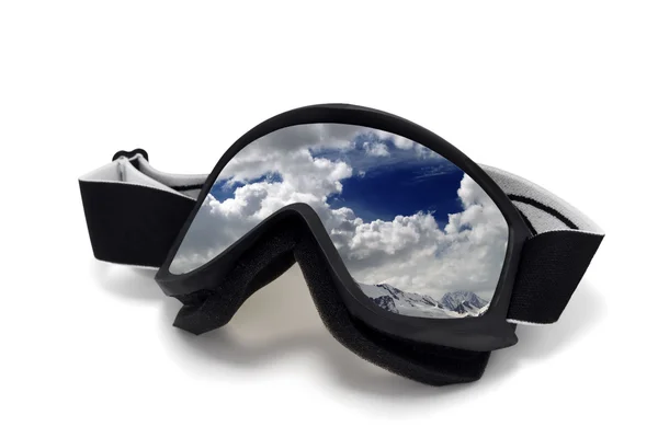 Ski goggles with reflection of cloudy mountains — Stock Photo, Image