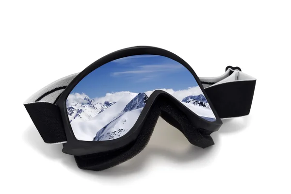 Ski goggles with reflection of mountains at sun day — Stock Photo, Image