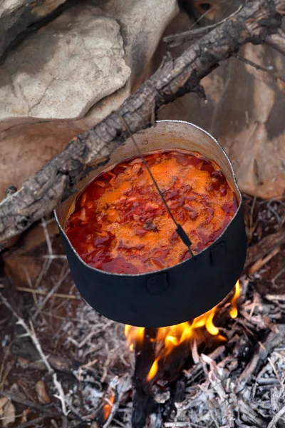 烹饪罗宋汤 (乌克兰汤) 上篝火 — 图库照片