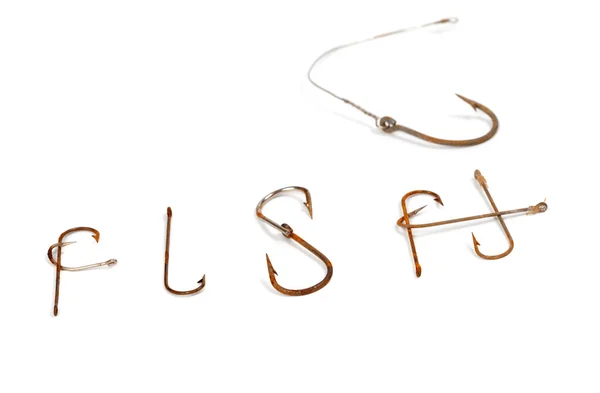 Palabra F I S H compuesto por antiguos anzuelos oxidados —  Fotos de Stock