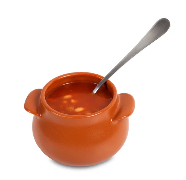 Soup in clay pot — Stock Photo, Image