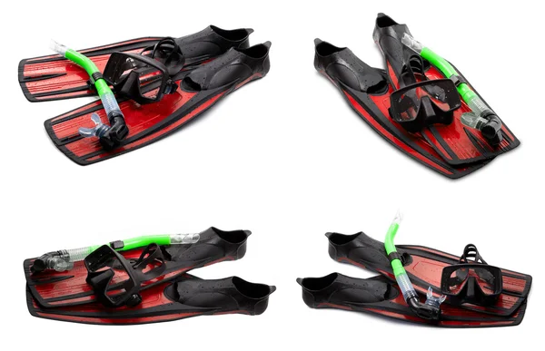 Set of red swim fins, mask and snorkel for diving on white backg — Stock Photo, Image