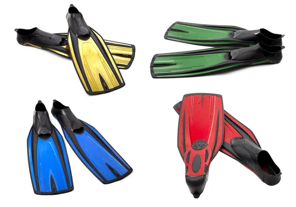 Set of multicolor swim fins for diving on white background — Stock Photo, Image