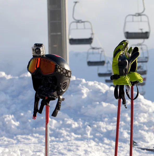 Protective sports equipment on ski poles at ski resort — Stock Photo, Image