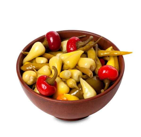 Mix of hot turkish marinated peppers in ceramic bowl — Stock Photo, Image