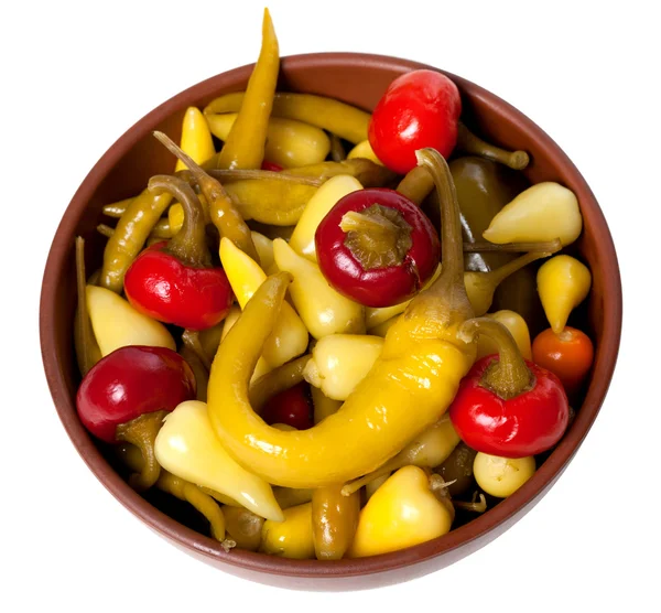 Mix of hot turkish marinated peppers in ceramic bowl — Stock Photo, Image