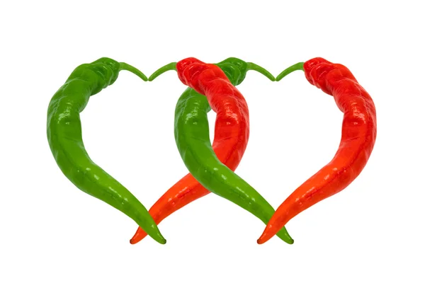 Chiles rojos y verdes en el amor. Corazones por pepp caliente —  Fotos de Stock