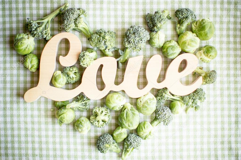 Cabbage And Broccoli In The Shape Of Heart And Wooden Word Love Stock Photo Image By C Zakrevska 54611821