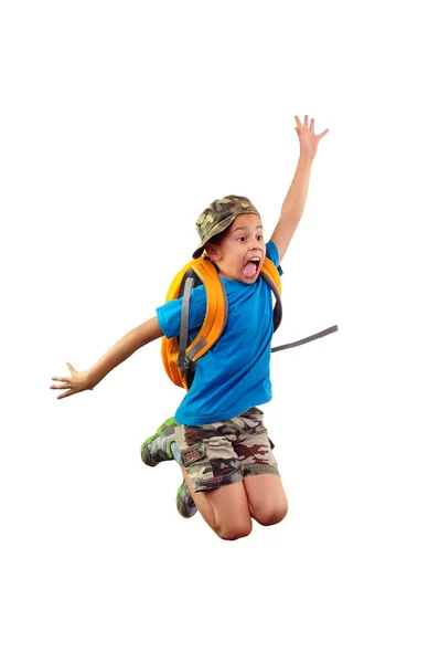 Worried schoolchild with backpack hurrying up — Stock Photo, Image