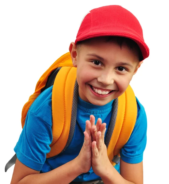 Beyaz bitti izole sırt çantası ile mutlu gülen çocuk — Stok fotoğraf