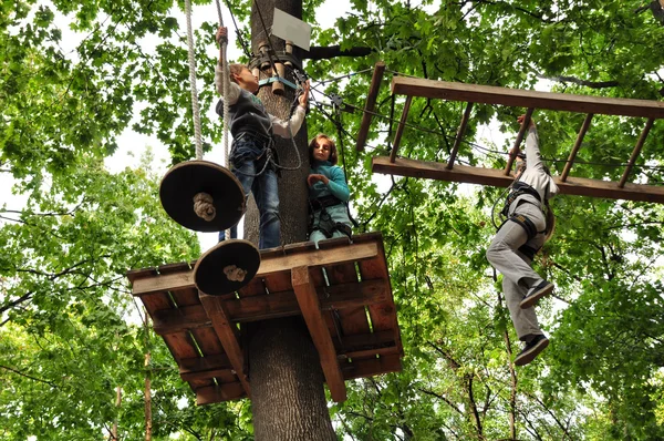 Niños disfrutando en un parque de actividades de aventura de escalada — Foto de Stock