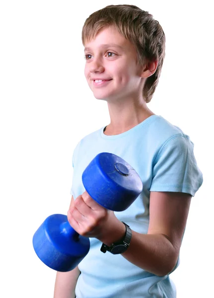 Isolated portrait of child exercising with dumbbells — Stock Photo, Image