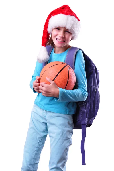 Child with Santa Claus red hat and ball solated — Stock Photo, Image